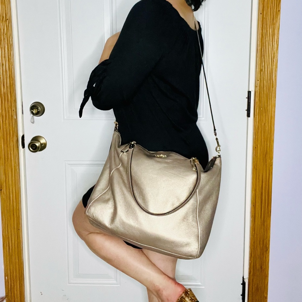 RARE Coach Large Pebbled Leather Light Gold Metallic Cross Body Bag